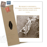 The "Retirement Is Wonderful Retirement Card" by Shannon Martin Design features a sepia photo of a woman lounging, with the quote: "Retirement is wonderful. It's doing nothing without worrying about getting caught at it." Made in USA.