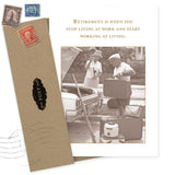 The Start Working At Living Retirement Card by Shannon Martin Design features a sepia photo of two women loading suitcases into a car, overlaid with the quote, “Retirement is when you stop living at work and start working at living.”.