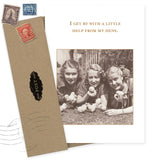 The "Help From Hens Friendship / Just Because Card" by Shannon Martin Design features three smiling women with baby chicks and the phrase "I get by with a little help from my hens." Envelope with vintage-style postage included. Made in USA.