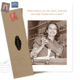 A sepia photo of a woman shaking a cocktail behind a bar, with the text: Some people call me crazy. I prefer the term ‘happy with a twist.’ Beside it is the Happy With A Twist Birthday Card by Shannon Martin Design, decorated with vintage stamps.