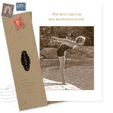 The New Beginnings Encouragement Card by Shannon Martin Design features a sepia photo of a woman in a vintage swimsuit and the quote “The best time for new beginnings is now.” Made in the USA—perfect for vintage photo card lovers.