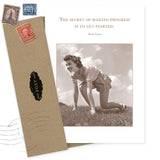 The Get Started Encouragement Card by Shannon Martin Design features a vintage sepia photo of a smiling woman in a runner’s start pose, Twain’s quote, is printed on recycled paper, includes a brown envelope, and is made in the USA.