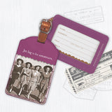 The Jet Lag Luggage Tag by Shannon Martin Design features a purple luxe design with a vintage photo of five women, text "Jet lag is for amateurs," and faint travel stamps. The durable leatherette tag has space on the back for your details.