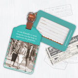 The Friends We Meet Luggage Tag by Shannon Martin Design is a turquoise leatherette tag with a leather strap, vintage photo of three women, and the quote: "It's the friends we meet along the way that help us appreciate the journey." Includes blank ID card.