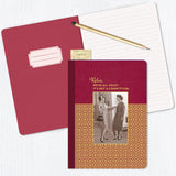 A red notebook, pencil, and blank café receipt sit on a white surface, topped with Shannon Martin Design’s "We're All Crazy Journal," featuring a vintage photo and the phrase "Relax, we’re all crazy. It's not a competition.