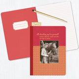 The We Ride At Dawn Journal by Shannon Martin Design features a red jewel tone, gold foil accents, and a photo of a woman with a horse alongside the quote "If standing up for yourself burns a bridge, I have matches. We ride at dawn.