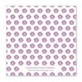 A white square card featuring a vintage-inspired purple floral pattern, similar to classic napkins. At the bottom: Right From Wrong Napkin by Shannon Martin Design and shannonmartindesign.com.
