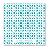 The Same Age Napkin by Shannon Martin Design features a seamless blue geometric pattern with small four-petal florals and dots on white. “Shannon Martin Design” and the website appear at the bottom center. Perfect for beverage napkins.