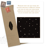 The Stars In Heaven Sympathy Card by Shannon Martin Design, printed on recycled paper, features a quote about lost loved ones shining from Heaven with stars on a black background. It comes with a brown envelope and vintage-inspired stamps and photos.