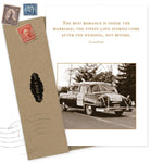 The Best Romance Wedding Card by Shannon Martin Design features a sepia vintage car with Just Married signs, a romantic Irving Stone quote, and comes with a matching envelope adorned with vintage stamps.