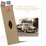 The Best Romance Wedding Card by Shannon Martin Design features a sepia vintage car with Just Married signs, a romantic Irving Stone quote, and comes with a matching envelope adorned with vintage stamps.