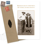 The Shannon Martin Design “Marriage Means Commitment Anniversary Card” features a vintage couple photo and witty text, printed on recycled paper. The card is paired with a brown envelope decorated with old-style postage stamps.