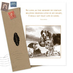 The Beloved Pet Sympathy Card by Shannon Martin Design features a sepia image of a dog, cat, and rabbit with a Helen Keller quote, crafted on recycled paper. Includes envelope, ships with stamps, and is made in the USA.