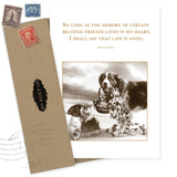 The Beloved Pet Sympathy Card by Shannon Martin Design features a sepia image of a dog, cat, and rabbit with a Helen Keller quote, crafted on recycled paper. Includes envelope, ships with stamps, and is made in the USA.