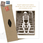 The Standing Up Fast Birthday Card by Shannon Martin Design features a sepia photo of an elderly man in swim trunks and a hat, smiling on steps, with the text: "I don’t drink or do drugs. At my age, I get the same effect just standing up fast.
