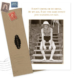 The Standing Up Fast Birthday Card by Shannon Martin Design features a sepia photo of an elderly man in swim trunks and a hat, smiling on steps, with the text: "I don’t drink or do drugs. At my age, I get the same effect just standing up fast.