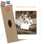 The Happy Hour Birthday Card by Shannon Martin Design features a vintage photo of two women on a hammock with the text “Why limit happy to an hour?” Includes a recycled brown envelope with vintage stamps—great for unique birthday greetings.