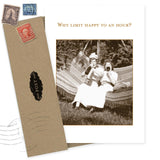 The Happy Hour Birthday Card by Shannon Martin Design features a vintage photo of two women on a hammock with the text “Why limit happy to an hour?” Includes a recycled brown envelope with vintage stamps—great for unique birthday greetings.