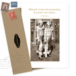 The Count Twice Thank You Card by Shannon Martin Design features two kids in checkered costumes and an Irish Blessing: "When I count my blessings, I count you twice." Made in the USA, comes with a brown envelope.