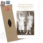 The Old Broads What A Hoot Card by Shannon Martin Design features a sepia photo of two elderly women and a witty quote, adorned with vintage stamps. Made from recycled paper in the USA.