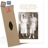 The Old Broads What A Hoot Card by Shannon Martin Design features a sepia photo of two elderly women and a witty quote, adorned with vintage stamps. Made from recycled paper in the USA.