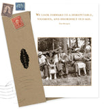 The Disorderly Old Age Birthday Card by Shannon Martin Design features a sepia photo of six laughing people in vintage attire on recycled paper, with the quote: "We look forward to a disreputable, vigorous, and disorderly old age.