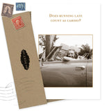The Count As Cardio Birthday Card by Shannon Martin Design features a smiling woman in a classic car with the caption “Does running late count as cardio?” Includes a recycled brown envelope, made in the USA.