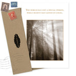 The Gained An Angel Sympathy Card by Shannon Martin Design features sepia-toned trees with sunlight and the message, "The world has lost a special person, while heaven has gained an angel." Includes envelope with vintage stamps. Made in USA.