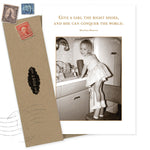 The Give A Girl Shoes Birthday Card by Shannon Martin Design features a vintage photo of a young girl at the sink and the quote, "Give a girl the right shoes, and she can conquer the world," complete with two envelopes and nostalgic stamps.