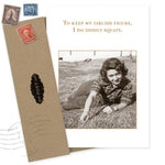 The Keep My Girlish Birthday Card by Shannon Martin Design features a smiling woman on grass with the text, “To keep my girlish figure, I do diddly squats.” Includes a brown envelope and is printed on recycled paper.