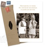 The Know Better Birthday Card by Shannon Martin Design features a sepia photo of an older woman in sunglasses and a sleeveless top with a younger woman in a striped tank. Text above: "I’m starting to think I’ll never be old enough to know any better.