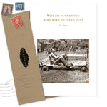 The Stand Out Birthday Card by Shannon Martin Design features a sepia photo of a child in a go-kart and the Dr. Seuss quote, "Why fit in when you were born to stand out?" Includes vintage-style envelope—perfect as a recycled paper greeting card.