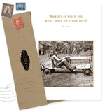 The Stand Out Birthday Card by Shannon Martin Design features a sepia photo of a child in a go-kart and the Dr. Seuss quote, "Why fit in when you were born to stand out?" Includes vintage-style envelope—perfect as a recycled paper greeting card.