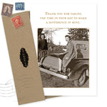 The Taking Time Thank You Card by Shannon Martin Design features a sepia vintage photo of two women on a pickup, with the message: "Thank you for taking the time in your day to make a difference in mine." Includes envelope with vintage stamps. Made in USA.