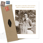 The Apple A Day Get Well Card by Shannon Martin Design features a sepia photo of a smiling woman with an apple, a witty message, and comes with an envelope and vintage-style stamps—a charming, eco-friendly way to send get well wishes.