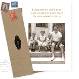 The Favorite Child Birthday Card by Shannon Martin Design features a vintage photo of two kids, a woman, and a man on steps with the caption: "I love how we don’t even have to say out loud that I’m your favorite child." Includes envelope with vintage stamps.