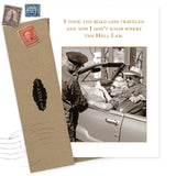 The Road Less Traveled Birthday Card by Shannon Martin Design features a couple in a convertible asking a policeman for directions, captioned: I took the road less traveled and now I don’t know where the Hell I am. Envelope and stamps included. Made in USA.