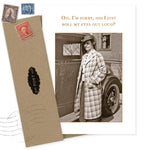 The Roll My Eyes What A Hoot Card by Shannon Martin Design features a vintage photo of a woman in plaid by an old car and the message, “Oh, I’m sorry, did I just roll my eyes out loud?” Includes recycled paper card and envelope with vintage stamps.
