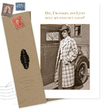 The Roll My Eyes What A Hoot Card by Shannon Martin Design features a vintage photo of a woman in plaid by an old car and the message, “Oh, I’m sorry, did I just roll my eyes out loud?” Includes recycled paper card and envelope with vintage stamps.