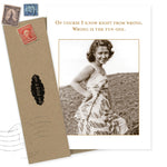 The Fun One Birthday Card by Shannon Martin Design features a vintage-style sepia image of a smiling woman in a summer dress and the quote, “Of course I know right from wrong. Wrong is the fun one.” Includes envelope with old stamps and recycled paper.