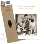 The Celebrate Whenever Congratulations Card by Shannon Martin Design features three people celebrating at a table with streamers and drinks. The recycled paper card reads, "The best time to celebrate is whenever you can!" Envelope with vintage stamps included.