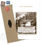 The Gracias Thank You Card by Shannon Martin Design features "MOO-CHAS GRACIAS" above a sepia girl feeding a calf. Made in USA, it includes a brown envelope with vintage stamps and a POST label.