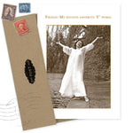A sepia-toned photo of a joyful woman outdoors decorates the Shannon Martin Design Friday Birthday Card, featuring the text "Friday: My second favorite F word," with vintage stamp accents completing the fun look.