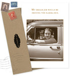 The Karma Bus Birthday Card by Shannon Martin Design features a sepia vintage photo of a woman in an old truck and the quote, "My dream job would be driving the karma bus." Includes a brown envelope with vintage stamp designs.