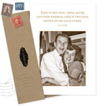 The Fool Things Anniversary Card by Shannon Martin Design features a vintage couple embracing with an Oscar Wilde quote. Made from recycled paper, it comes with a stamped brown envelope and a black POST seal.