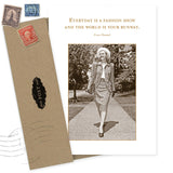 The Fashion Show Birthday Card by Shannon Martin Design features a sepia photo of a stylish woman outdoors with Coco Chanel’s quote: "Everyday is a fashion show and the world is your runway." Includes a brown envelope with stamps. Made in the USA.