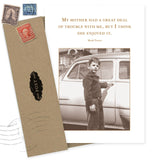 The Great Trouble Birthday Card by Shannon Martin Design features a sepia photo of a young boy beside a vintage car and a Mark Twain quote: "My mother had a great deal of trouble with me, but I think she enjoyed it." Includes recycled paper envelope.
