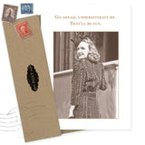 The Go Ahead Birthday Card by Shannon Martin Design features a smiling woman in 1940s style with the message, "Go ahead, underestimate me. That’ll be fun," plus a brown recycled envelope with vintage stamps and a black POST label.