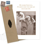 The Of Course I Recycle Birthday Card by Shannon Martin Design features a black-and-white photo of a woman in a polka-dot dress admiring herself. Made in the USA, the card reads: "Of course I recycle, I’ve been using the same age for years now.