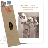 The Of Course I Recycle Birthday Card by Shannon Martin Design features a black-and-white photo of a woman in a polka-dot dress admiring herself. Made in the USA, the card reads: "Of course I recycle, I’ve been using the same age for years now.